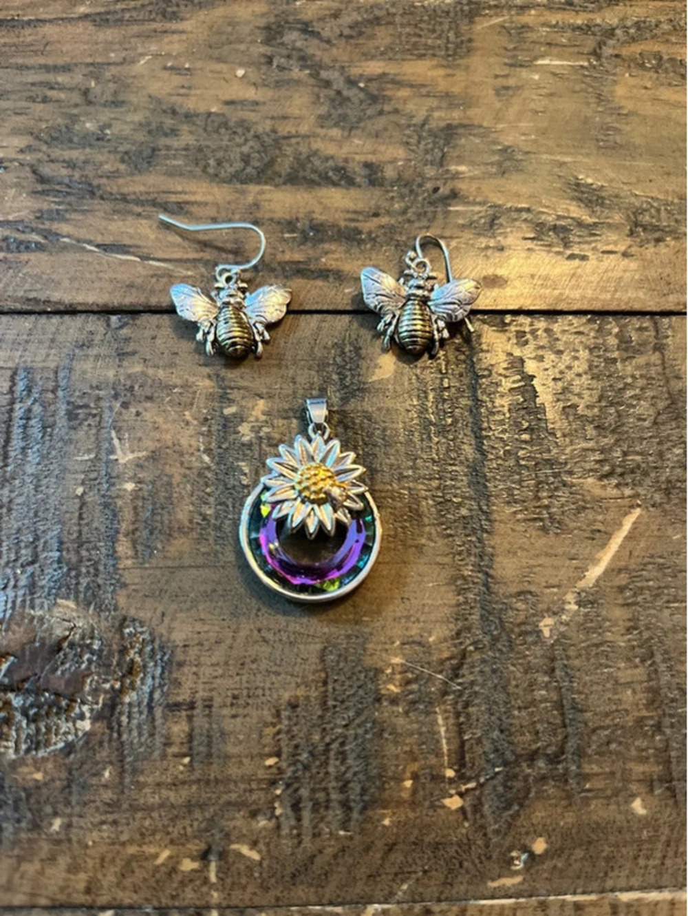 Silver Sunflower Pendant & Bumble Bee Earrings Jewelry Set Boho Crystal
